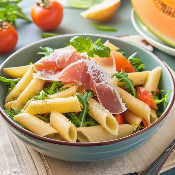 Salade Italienne à base de pâtes, de roquette, de tomates, de melon, de pesto et de parmesan par Marine Vigier Diététicienne Bordeaux Médoc.